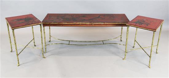 A modern Chinese lacquer and parcel gilt coffee table, with a pair of occasional tables ensuite,